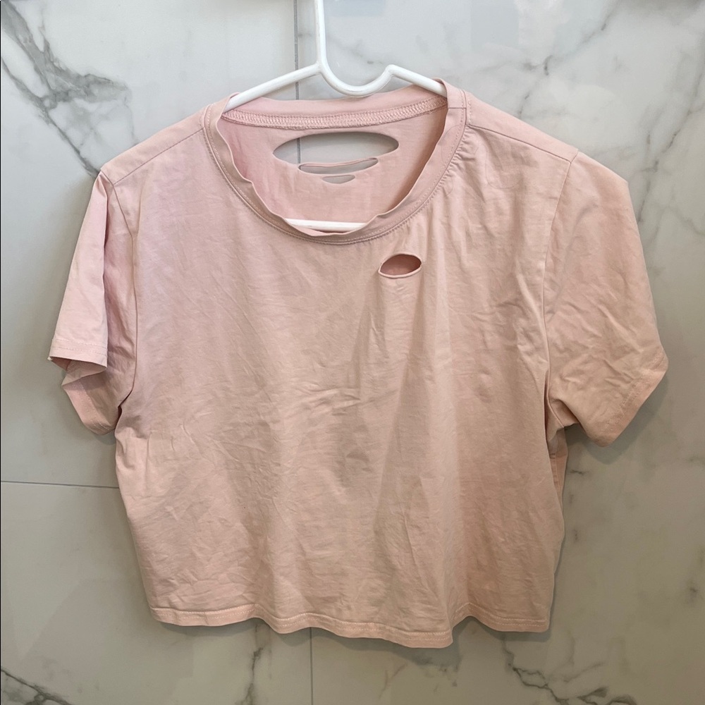 Women’s Cropped Distressed Tee - Light Pink